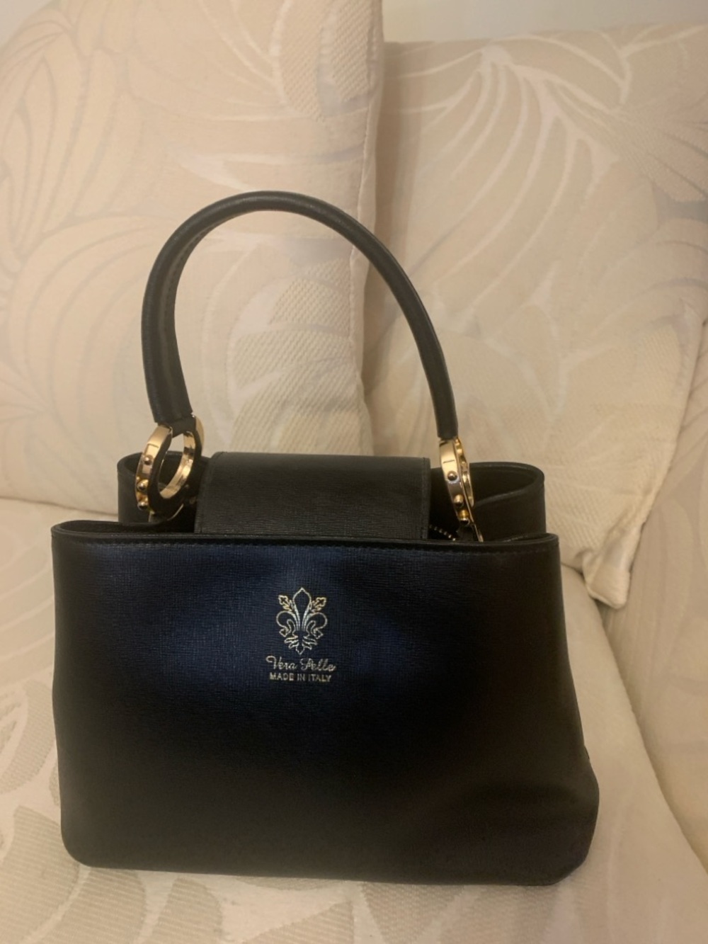 Vera Pelle Black Leather Satchel with Gold Accents